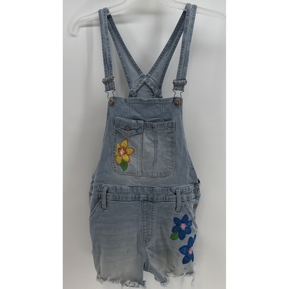 No Boundaries Junior Size 11-13 Embroidered Floral Denim Jean Overalls Shortalls